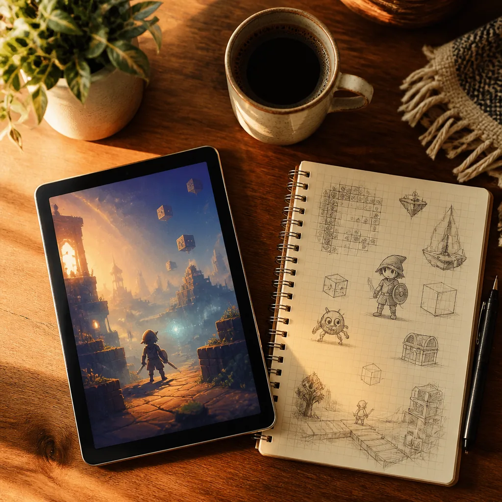A tablet showing a game-development ebook cover beside a sketchbook, coffee and a small plant on a warm wooden desk